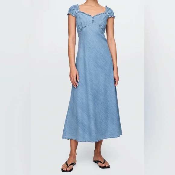 Gap Denim Maxi Flowing Sweetheart Neck Ruffled Wide Straps Light Washed Dress - Picture 6 of 7